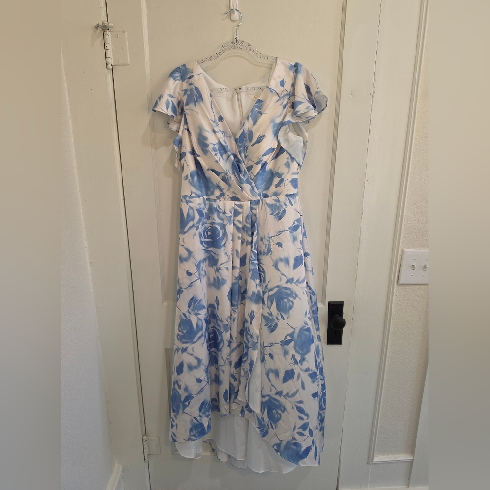 White and Blue Floral High Low Dress